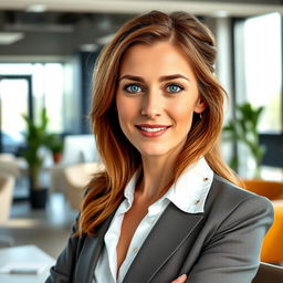 A 39-year-old woman with Celtic features, characterized by chestnut brown hair and bright blue eyes, working in a modern office environment