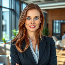 A 39-year-old woman with Celtic features, characterized by chestnut brown hair and bright blue eyes, working in a modern office environment