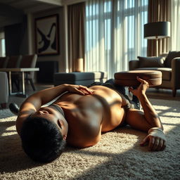 A photorealistic image of a muscular, shirtless man lying on his back on the floor of a plush carpet in a modern, stylish apartment