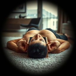A photorealistic image of a muscular, shirtless man lying on his back on a plush carpet within a modern apartment