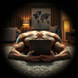 A photorealistic image of a muscular, shirtless man lying on his back on a plush carpet within a modern apartment
