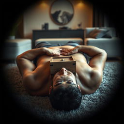 A photorealistic image of a muscular, shirtless man lying on his back on a plush carpet within a modern apartment