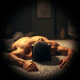 A photorealistic image depicting a muscular, shirtless man lying on his back on a soft, plush carpet in a contemporary apartment