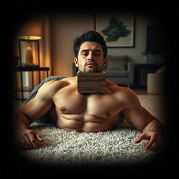 A photorealistic image depicting a muscular, shirtless man lying on his back on a soft, plush carpet in a contemporary apartment