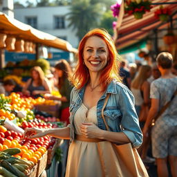 A 35-year-old European woman with bright red hair and cheerful freckles, enjoying her everyday life in a bustling outdoor market