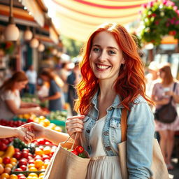 A 35-year-old European woman with bright red hair and cheerful freckles, enjoying her everyday life in a bustling outdoor market