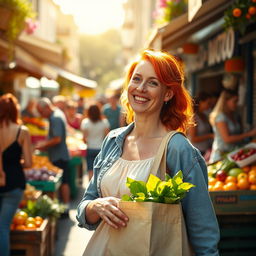 A 35-year-old European woman with bright red hair and cheerful freckles, enjoying her everyday life in a bustling outdoor market