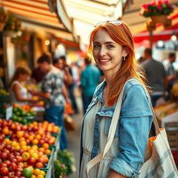 A 35-year-old European woman with bright red hair and cheerful freckles, enjoying her everyday life in a bustling outdoor market