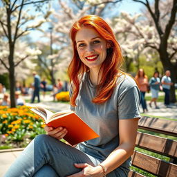 A 35-year-old European woman with vibrant red hair and playful freckles, living her everyday life in a lively park