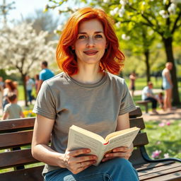 A 35-year-old European woman with vibrant red hair and playful freckles, living her everyday life in a lively park