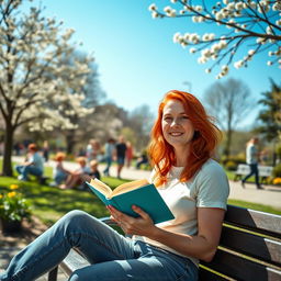 A 35-year-old European woman with vibrant red hair and playful freckles, living her everyday life in a lively park