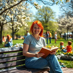 A 35-year-old European woman with vibrant red hair and playful freckles, living her everyday life in a lively park