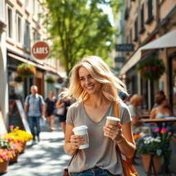 A 35-year-old European woman with blond hair, casually dressed, walking through a bustling city street