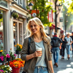 A 35-year-old European woman with blond hair, casually dressed, walking through a bustling city street
