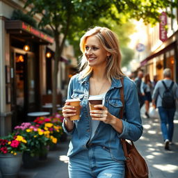 A 35-year-old European woman with blond hair, casually dressed, walking through a bustling city street