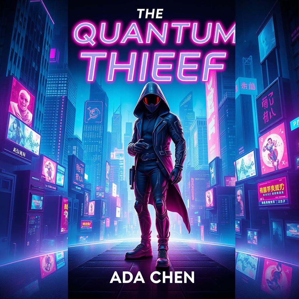 A captivating book cover design for 'The Quantum Thief' by Ada Chen, featuring a vibrant cyberpunk theme set against a sprawling neon cityscape