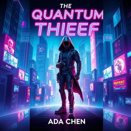 A captivating book cover design for 'The Quantum Thief' by Ada Chen, featuring a vibrant cyberpunk theme set against a sprawling neon cityscape