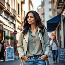 A 35-year-old European woman with dark hair, elegantly casual, as she enjoys everyday life in an urban setting
