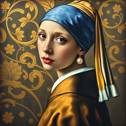 A reinterpretation of the famous painting 'Girl with a Pearl Earring' by Jan Vermeer, depicting a young woman in a captivating pose, adorned with a large pearl earring
