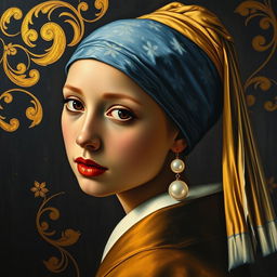 A reinterpretation of the famous painting 'Girl with a Pearl Earring' by Jan Vermeer, depicting a young woman in a captivating pose, adorned with a large pearl earring