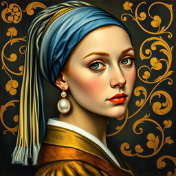 A reinterpretation of the famous painting 'Girl with a Pearl Earring' by Jan Vermeer, depicting a young woman in a captivating pose, adorned with a large pearl earring