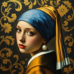A reinterpretation of the famous painting 'Girl with a Pearl Earring' by Jan Vermeer, depicting a young woman in a captivating pose, adorned with a large pearl earring