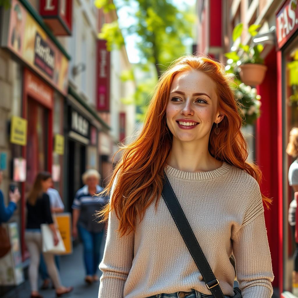 A 35-year-old European woman with striking red hair and charming freckles, enjoying her everyday life in a vibrant city