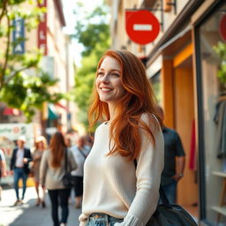 A 35-year-old European woman with striking red hair and charming freckles, enjoying her everyday life in a vibrant city