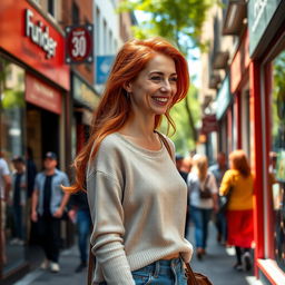 A 35-year-old European woman with striking red hair and charming freckles, enjoying her everyday life in a vibrant city