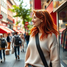 A 35-year-old European woman with striking red hair and charming freckles, enjoying her everyday life in a vibrant city