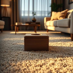 A photorealistic image of a small, intricately designed wooden box placed on the soft, plush carpet of a contemporary apartment