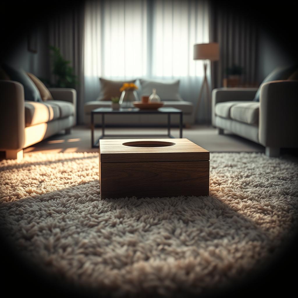 A photorealistic image of a small, intricately designed wooden box placed on the soft, plush carpet of a contemporary apartment