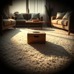 A photorealistic image of a small, intricately designed wooden box placed on the soft, plush carpet of a contemporary apartment