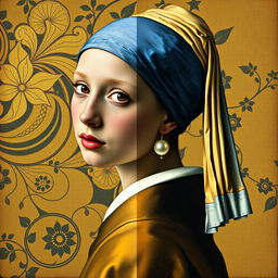 A transformation of Jan Vermeer's painting 'The Girl with a Pearl Earring' into the Art Nouveau style of Gustav Klimt, specifically inspired by 'Portrait of Adele Bloch-Bauer'