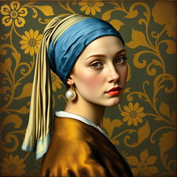 A transformation of Jan Vermeer's painting 'The Girl with a Pearl Earring' into the Art Nouveau style of Gustav Klimt, specifically inspired by 'Portrait of Adele Bloch-Bauer'
