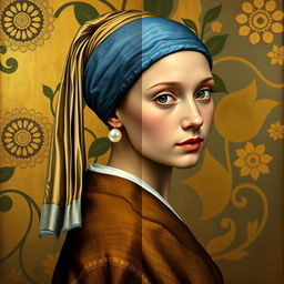 A transformation of Jan Vermeer's painting 'The Girl with a Pearl Earring' into the Art Nouveau style of Gustav Klimt, specifically inspired by 'Portrait of Adele Bloch-Bauer'
