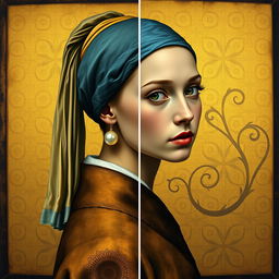 A transformation of Jan Vermeer's painting 'The Girl with a Pearl Earring' into the Art Nouveau style of Gustav Klimt, specifically inspired by 'Portrait of Adele Bloch-Bauer'