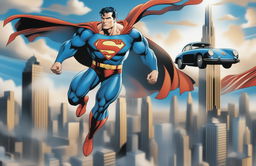 A high-quality digital artwork depicting Superman, traditionally seen flying, now driving a sleek black Porsche on an open road