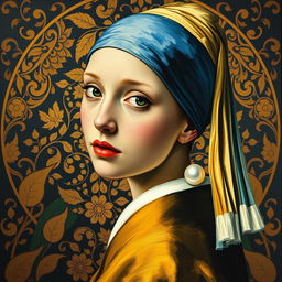 Transform the painting 'The Girl with a Pearl Earring' into the Art Nouveau style of Gustav Klimt, taking inspiration from the 'Portrait of Adele Bloch-Bauer'