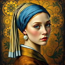 Transform the painting 'The Girl with a Pearl Earring' into the Art Nouveau style of Gustav Klimt, taking inspiration from the 'Portrait of Adele Bloch-Bauer'