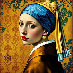 Transform the painting 'The Girl with a Pearl Earring' into the Art Nouveau style of Gustav Klimt, taking inspiration from the 'Portrait of Adele Bloch-Bauer'