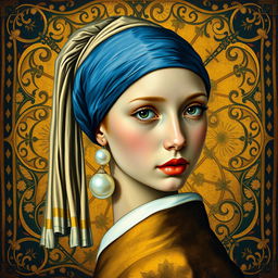 Transform the painting 'The Girl with a Pearl Earring' into the Art Nouveau style of Gustav Klimt, taking inspiration from the 'Portrait of Adele Bloch-Bauer'