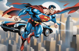 A high-quality digital artwork depicting Superman, traditionally seen flying, now driving a sleek black Porsche on an open road