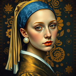 Transform 'The Girl with a Pearl Earring' into Gustav Klimt's Art Nouveau style as seen in 'Portrait of Adele Bloch-Bauer'