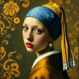 Transform 'The Girl with a Pearl Earring' into Gustav Klimt's Art Nouveau style as seen in 'Portrait of Adele Bloch-Bauer'