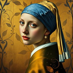 Transform 'The Girl with a Pearl Earring' into Gustav Klimt's Art Nouveau style as seen in 'Portrait of Adele Bloch-Bauer'