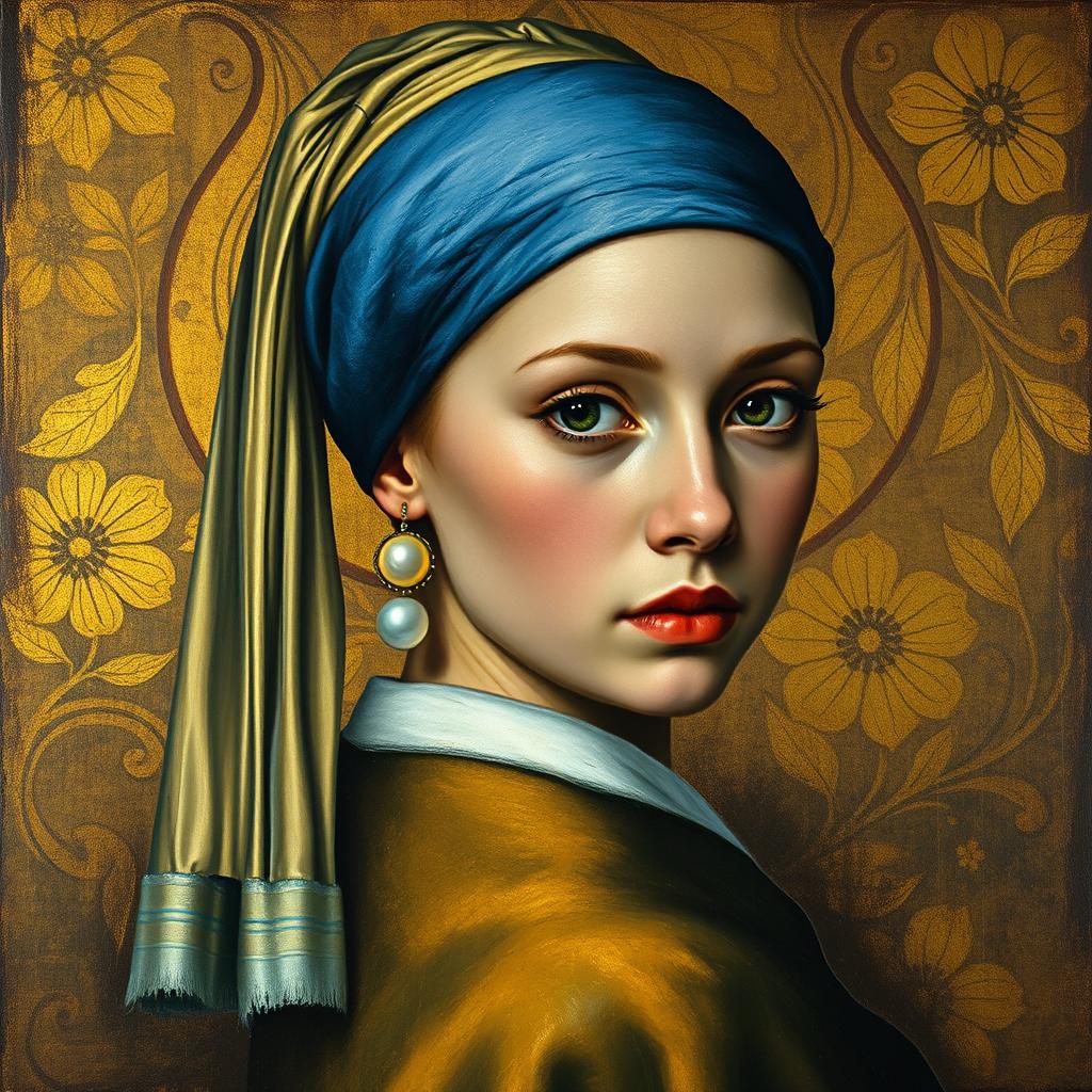 Transform 'The Girl with a Pearl Earring' into Gustav Klimt's Art Nouveau style as seen in 'Portrait of Adele Bloch-Bauer'