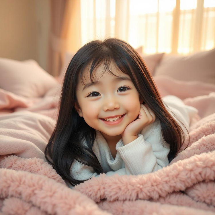 A very cute Korean girl with a cheerful expression, lying on a soft, fluffy bed surrounded by pastel-colored blankets and plush pillows