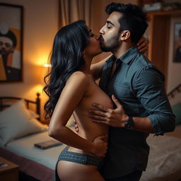 An intimate and artistic portrayal of a young Pakistani woman, age 18, confidently engaging in a sensual lap dance for a man in a cozy hostel room