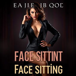 An erotic book cover design featuring a striking and powerful image of a confident, dominant woman in a stylish outfit, exuding authority and allure